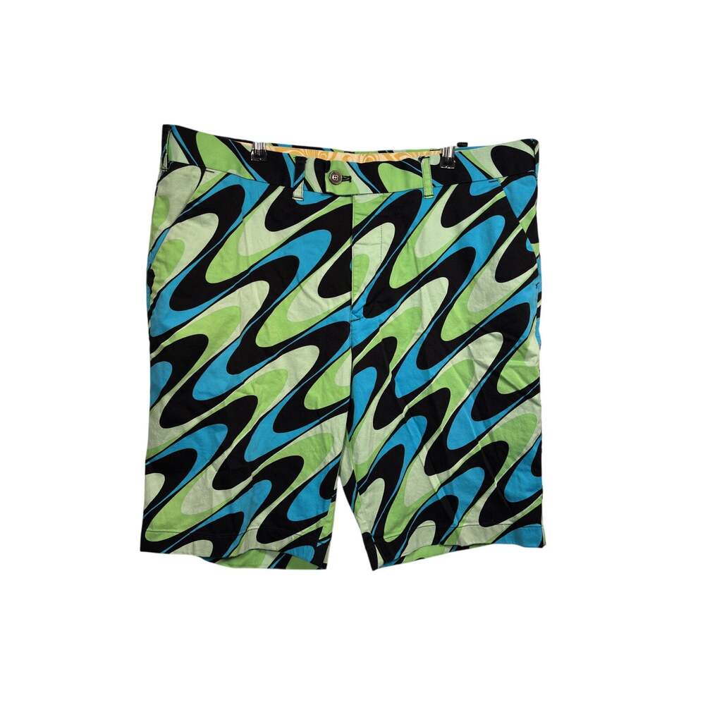 Loudmouth Golf Shorts Mens 38 Green Blue Black Geometric Wave Swirl Flat Front